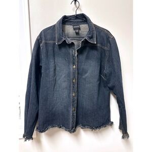 Chicos Dark Wash Womens Denim Jacket Size 3 Frayed Raw Hem Stretch Jean Coat EUC